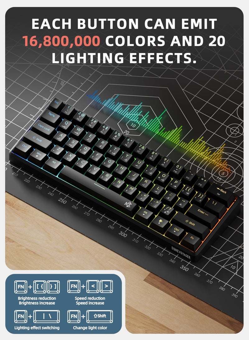 مسافر الكثبان لوحة مفاتيح ميكانيكية للألعاب بـ61 مفتاح، سويتش أحمر، تدعم اللغة العربية، قابلة للتبديل الساخن، إضاءة خلفية RGB بـ16 مليون لون، تصميم صغير 60%، سلك USB قابل للإزالة، وزن 525 جرام، بدون تعارض في المفاتيح، هادئة، متوافقة مع PC / PS4 / Xbox / Mac، مع برنامج تشغيل - Image 3